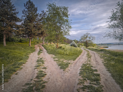 Split country road scene. Crossroad concept choosing the way. Idyllic summer rural landscape and two dirt tracks in the nature leading to the forest and the lake