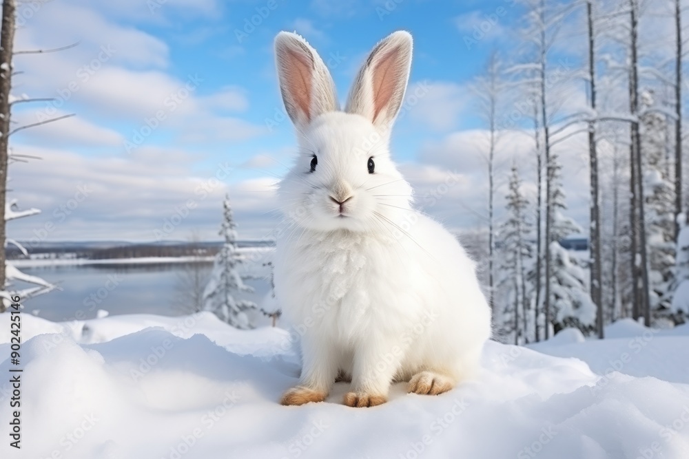 Charming white rabbit enjoying the serene beauty of a winter wonderland landscape Charming white rabbit enjoying the serene beauty of a winter wonderland landscape