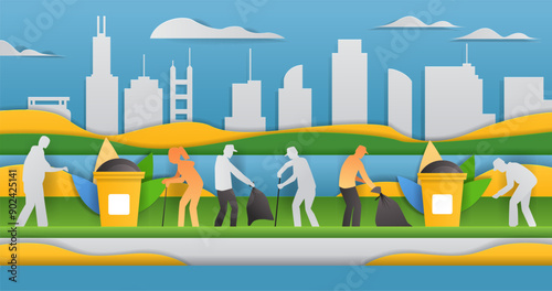People cleaning city park environment teamwork. Silhouettes of individuals picking up trash with cityscape background colorful landscape and bins. Paper cut style