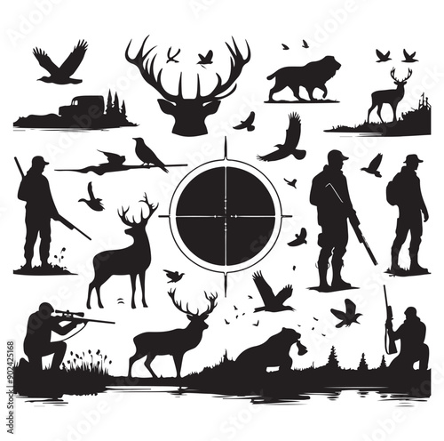 Hunting Silhouette Set with Hunters, Wildlife, Birds, and Equipment Icons
