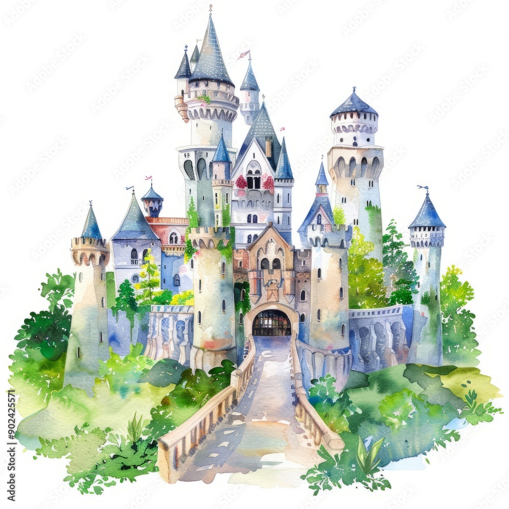 Watercolor painting of a fairy tale castle with turrets, drawbridges ...