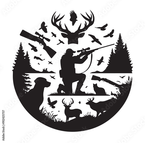 Hunting Silhouette Set with Hunters, Wildlife, Birds, and Equipment Icons
