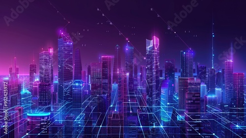 Wallpaper Mural smart city at night, application development concept, smart city, Internet of things, smart life, information technology, gradient grid line Torontodigital.ca