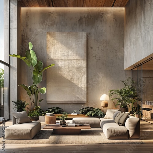 Neuroarchitecture inspired contemporary minimalist Wollof living room with indoor plants, realistic photography, ambient lighting photo