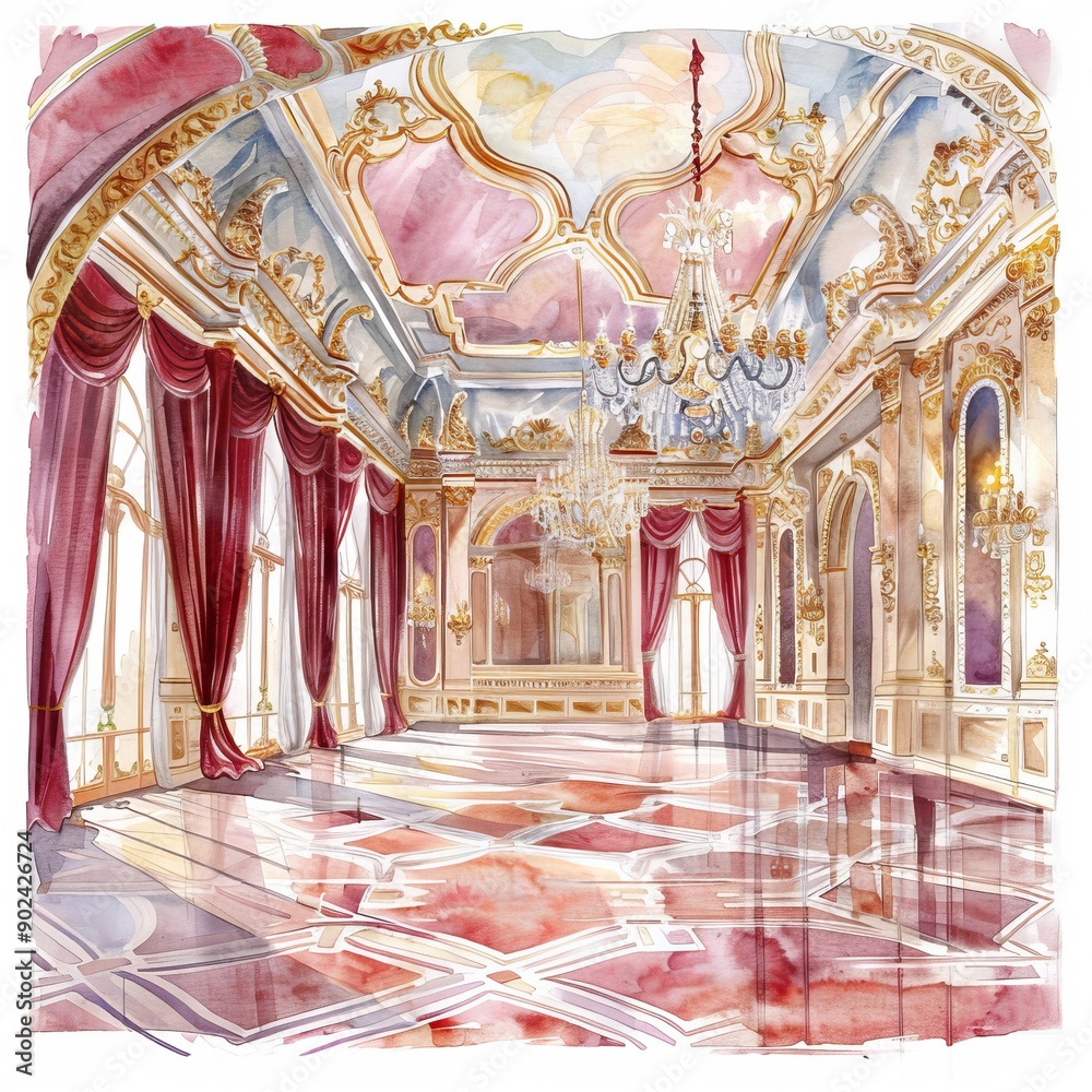 Obraz premium Watercolor painting of an opulent ballroom adorned with chandeliers, on isolated white background, Generative AI