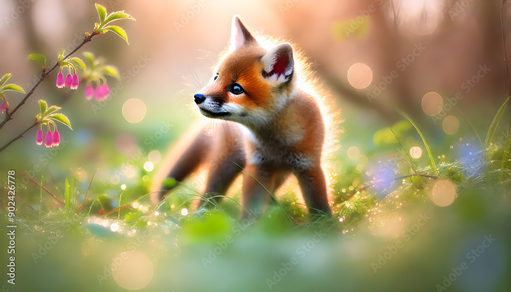 Obraz premium Spring Blossom Adventure: Curious Fox Cub Amidst Flowering Meadows