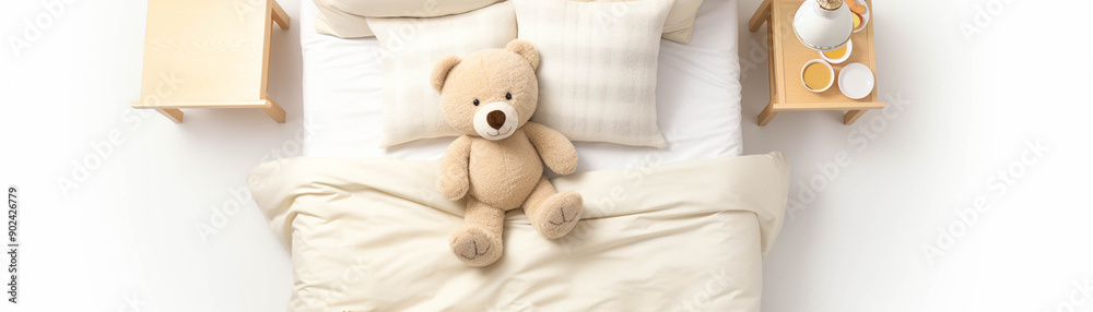 A cozy bedroom scene with a teddy bear sitting on a neatly arranged bed, surrounded by soft pillows and wooden bedside tables. A cozy bedroom scene with a teddy bear sitting on a neatly arranged bed, surrounded by soft pillows and wooden bedside tables.