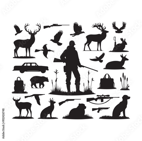 Hunting Silhouette Set with Hunters, Wildlife, Birds, and Equipment Icons
