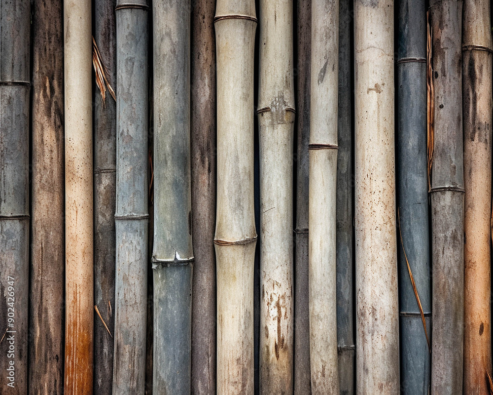 Close-up of a vertical bamboo wall with natural and varying shades, perfect for background or wallpaper use. Close-up of a vertical bamboo wall with natural and varying shades, perfect for background or wallpaper use.