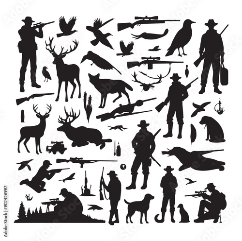 Hunting Silhouette Set with Hunters, Wildlife, Birds, and Equipment Icons
