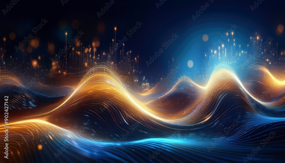Fototapeta premium Data technology illustration. Wave with connecting dots and lines on dark background. Abstract futuristic background with gold and blue glowing neon moving high speed wave lines. Generative ai image