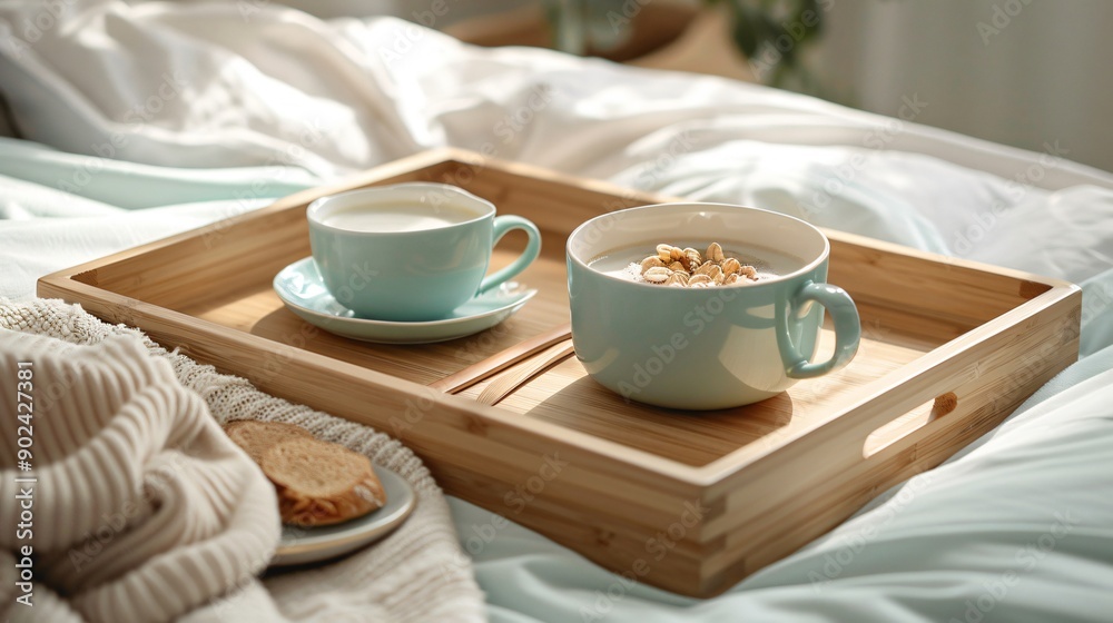 A cozy breakfast in bed setup with a bamboo tray, bamboo coffee cup, bamboo bowl of cereal, and a bamboo napkin A cozy breakfast in bed setup with a bamboo tray, bamboo coffee cup, bamboo bowl of cereal, and a bamboo napkin