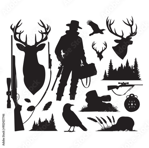 Hunting Silhouette Set with Hunters, Wildlife, Birds, and Equipment Icons

