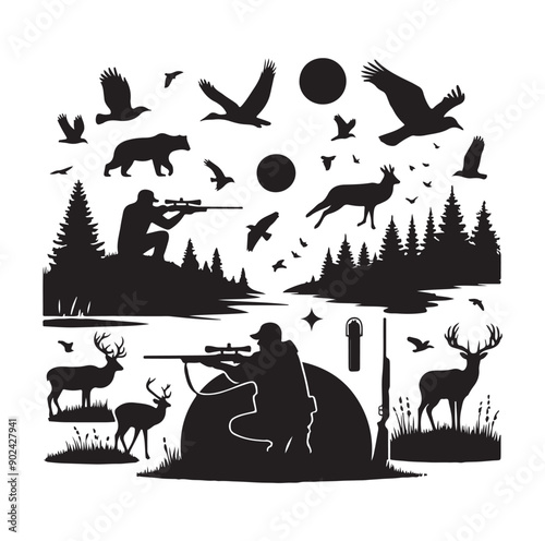 Hunting Silhouette Set with Hunters, Wildlife, Birds, and Equipment Icons
