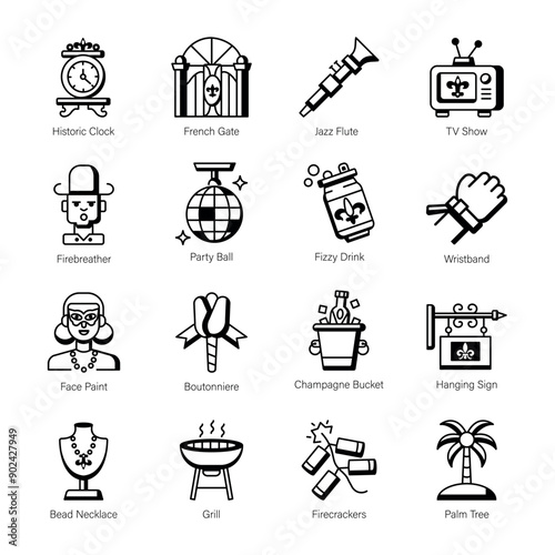 Collection of Mardi Gras Event Linear Icons 

