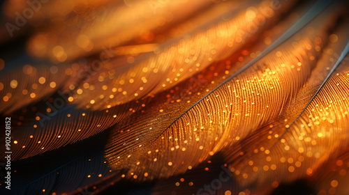 close up photo of a pile of gold patterned bird feathers photo