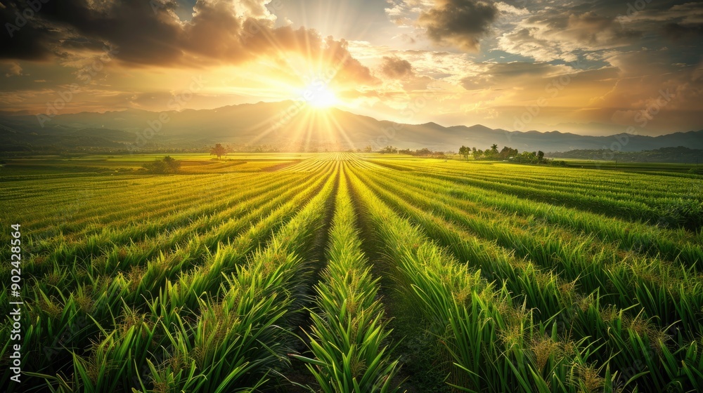 Sugarcane field and cloudy sky at sunset Sugarcane field and cloudy sky at sunset