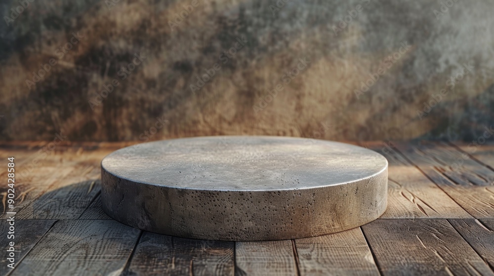Fototapeta premium A large, round stone slab sits on a wooden floor