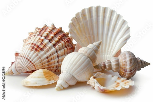 Assortment of seashells in different shapes and sizes, isolated on white background photo