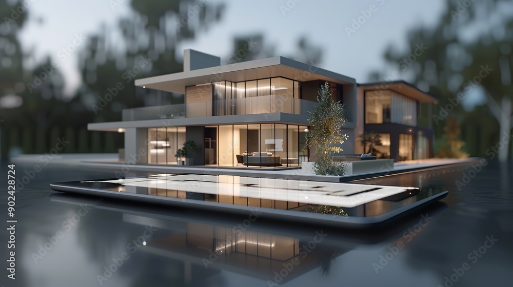 Obraz premium a modern tablet with a 3d render of a modern luxury home, coming out of the screen onto the table 