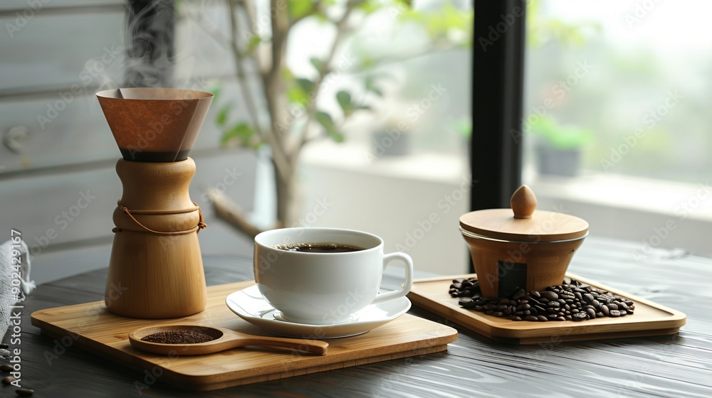 A minimalist coffee setup with a bamboo coffee filter, a bamboo scoop for coffee beans, and a steaming cup of freshly brewed coffee