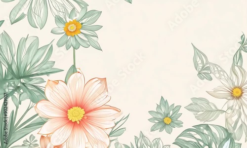 Delicate Floral Border: Watercolor-inspired floral border with pale pink and yellow flowers, green leaves, and a soft cream background. Perfect for invitations, cards, and stationery.