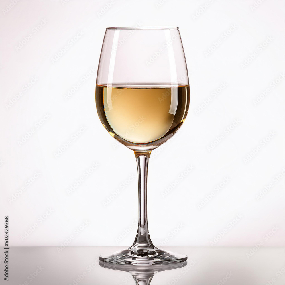 Elegant clear wine glass filled with golden white wine on a reflective surface Elegant clear wine glass filled with golden white wine on a reflective surface