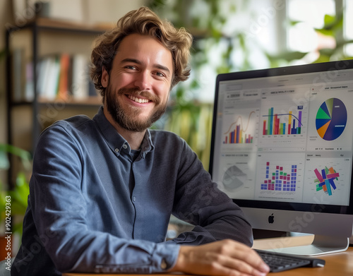 Handsome young male office worker with beard sitting at desk with computer screen showing graph data. photo