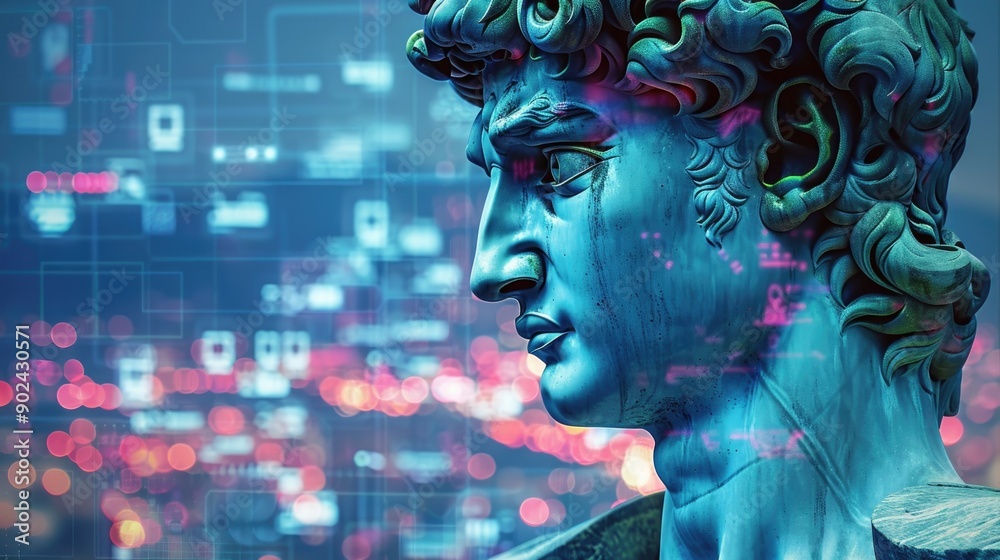 Digital reinterpretation of the statue of David with a futuristic overlay of digital graphics and neon lights. The blue-tinted sculpture contrasts with the vibrant electronic elements Digital reinterpretation of the statue of David with a futuristic overlay of digital graphics and neon lights. The blue-tinted sculpture contrasts with the vibrant electronic elements
