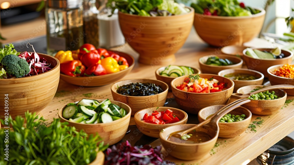 A vibrant salad bar with bamboo serving bowls, a variety of fresh vegetables, dressings in bamboo containers, and bamboo tongs A vibrant salad bar with bamboo serving bowls, a variety of fresh vegetables, dressings in bamboo containers, and bamboo tongs
