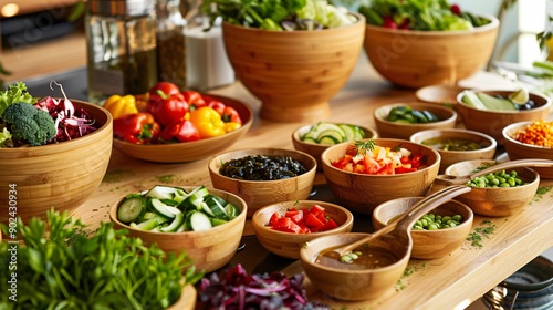 A vibrant salad bar with bamboo serving bowls, a variety of fresh vegetables, dressings in bamboo containers, and bamboo tongs