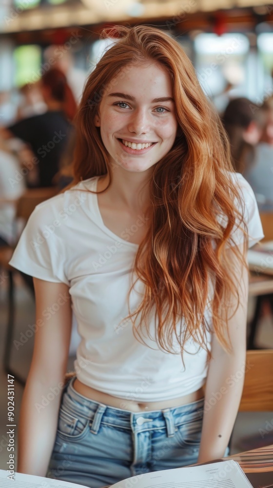 A young woman with long red hair and a white shirt smiling at the camera while sitting indoors, with blurred background of people and furniture in a casual setting. A young woman with long red hair and a white shirt smiling at the camera while sitting indoors, with blurred background of people and furniture in a casual setting.