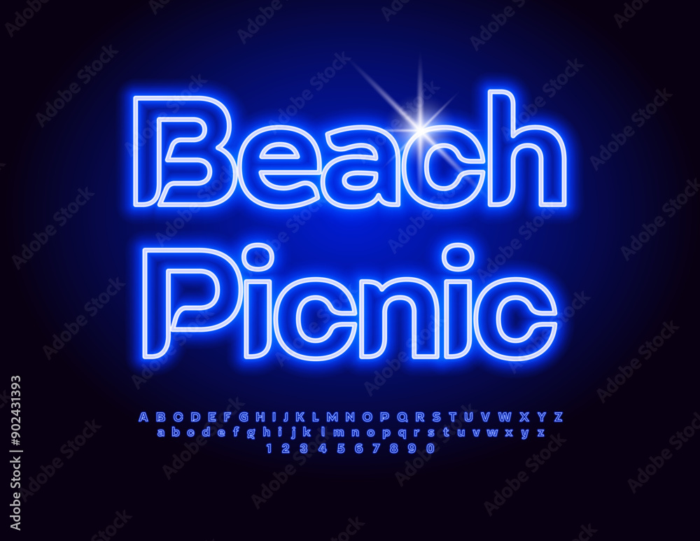 Vector glowing sign Beach Picnic. Bright Blue Font. Modern Electric Alphabet Letters and Numbers set. Vector glowing sign Beach Picnic. Bright Blue Font. Modern Electric Alphabet Letters and Numbers set.