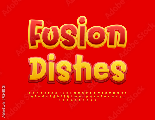 Vector gourmet logo Fusion Dishes with bright Alphabet Letters and Numbers set. Artistic Red and Yellow Font