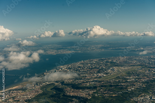 Aerial view of Lisbon, with Vasco da Gama Bridge, Tejo park and Trancao river, PORTUGAL photo