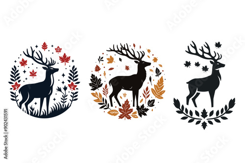 Set of three black silhouette deer heads, floral illustrations with antlers color background