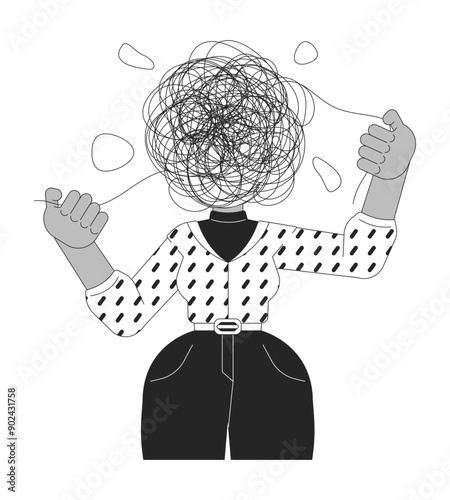 Mental health struggles black and white 2D illustration concept. Faceless woman with chaotic mind outline character isolated. Disorganized mind. Intrusive thoughts metaphor monochrome vector art