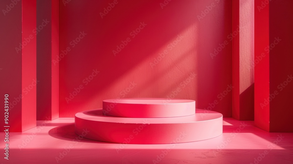 A red room with a pink pedestal in the center A red room with a pink pedestal in the center