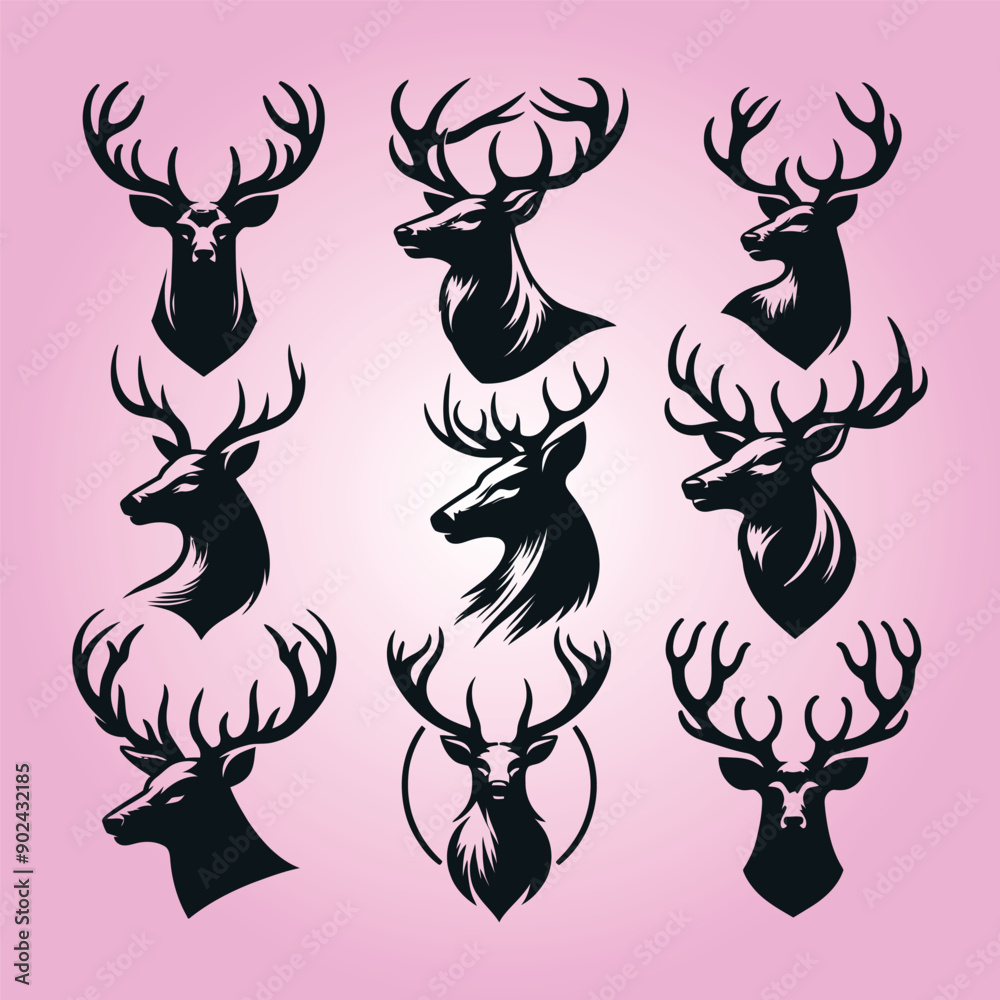 Set of group black and white deer head illustrations with antlers on color background Set of group black and white deer head illustrations with antlers on color background