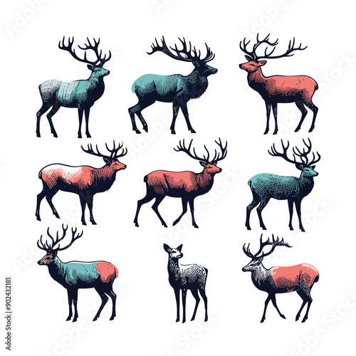 Set of group colorful deer head illustrations with antlers on color background