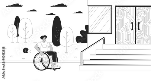 Lack of accessibility for disabled black and white line illustration. Confused wheelchair male in front of stairs 2D character monochrome background. Social issue barrier outline scene vector image