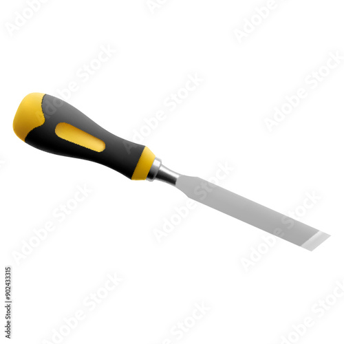 Chisel, carpentry hand tools for woodworking and wood carving. Stand for working with wood. Chisel with wooden handle isolated on transparent background. Realistic 3d Vector illustration.