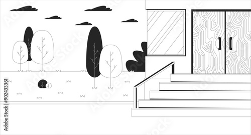 Stairs building exterior black and white line illustration. School staircase facility outside 2D line cityscape monochrome background. Inaccessible city for disability users outline vector image