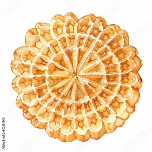 Delicate Pizzelle Cookie Watercolor Illustration of Italian Treat in Golden Brown Isolated on White Background