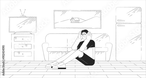 Affordable housing crisis black and white line illustration. Homeless young adult man struggling with rent 2D character monochrome background. Social problem homelessness outline scene vector image