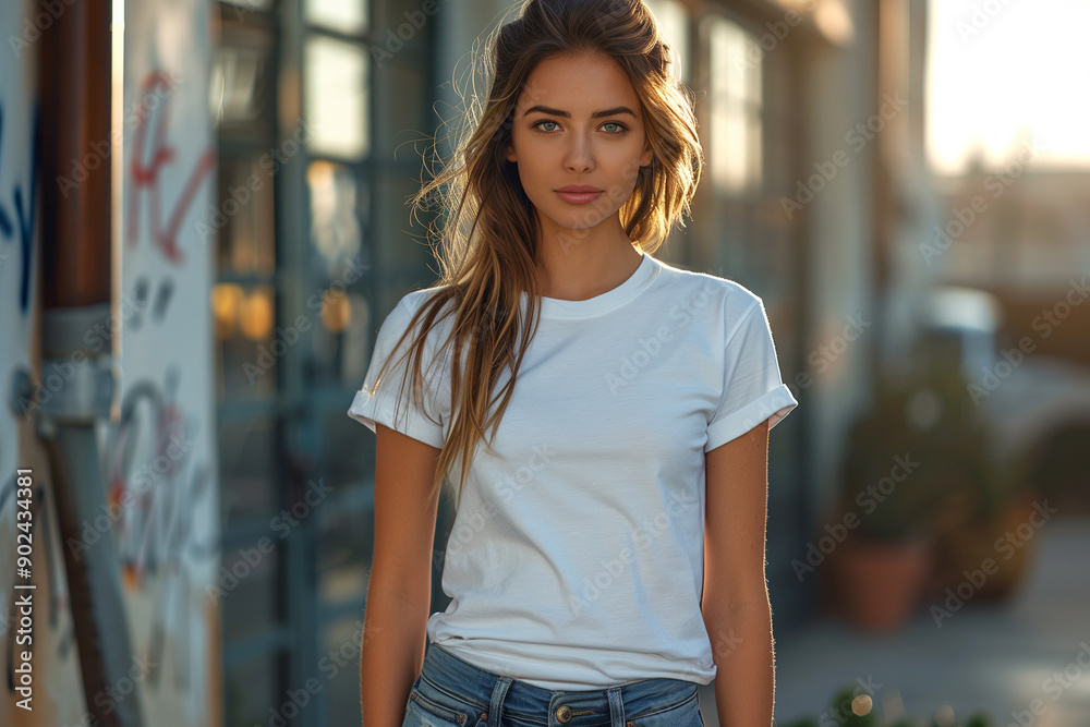 Woman in White T-Shirt Standing in Urban Setting Woman in White T-Shirt Standing in Urban Setting