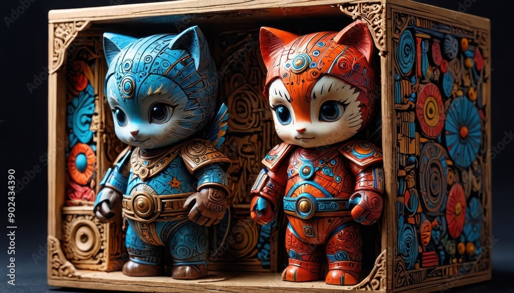 Fototapeta premium Cute Cartoon Cat Figurines in a Wooden Frame with Intricate Designs.