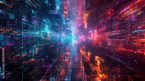 Abstract Digital Cityscape with Glowing Lines and Lights