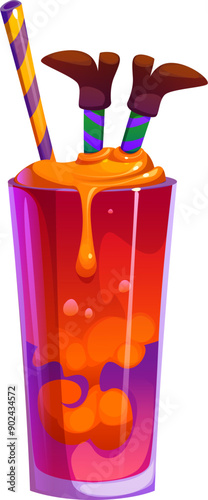 Cartoon Halloween cocktail in a tall glass, with red and orange layers, topped with witch legs and striped straws. Vector spooky party drink, brew or concoction for eerie holiday celebration, bar menu