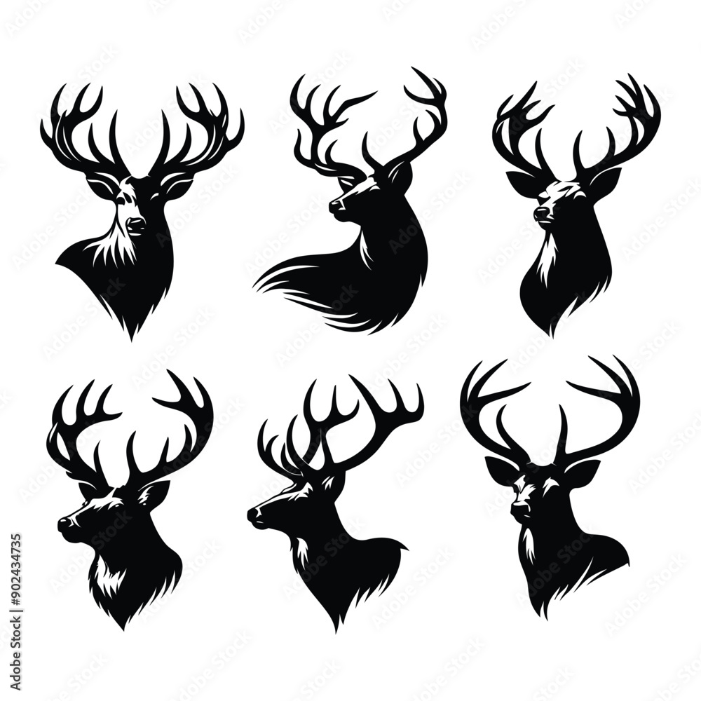 Set of deer head silhouettes illustration with antlers isolated on white background Set of deer head silhouettes illustration with antlers isolated on white background